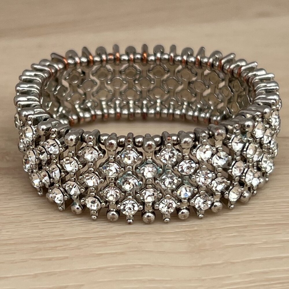 Vintage White Rhinestone Silver-tone Metal  1" Wide Stretch Bracelet / Showgirl - Picture 6 of 14
